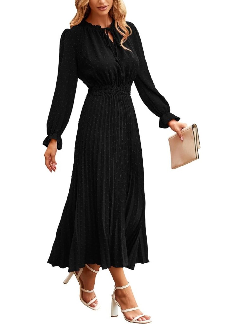 Women's Black Fall Long Puff Sleeve V Neck Swiss Dot Wedding Guest Midi Dresses